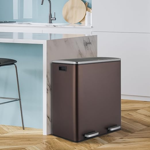 16 Gallon Rectangular Stainless Steel Trash Can, Dual Compartment Garbage Bin - Image 7