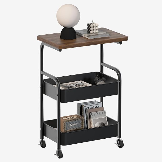 Rolling Cart with Wooden Tabletop 3-Tier Metal Utility Rolling Cart Storage by ULIKEUS