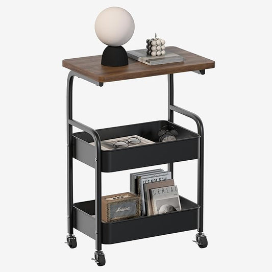 Rolling Cart with Wooden Tabletop 3-Tier Metal Utility Rolling Cart Storage by ULIKEUS