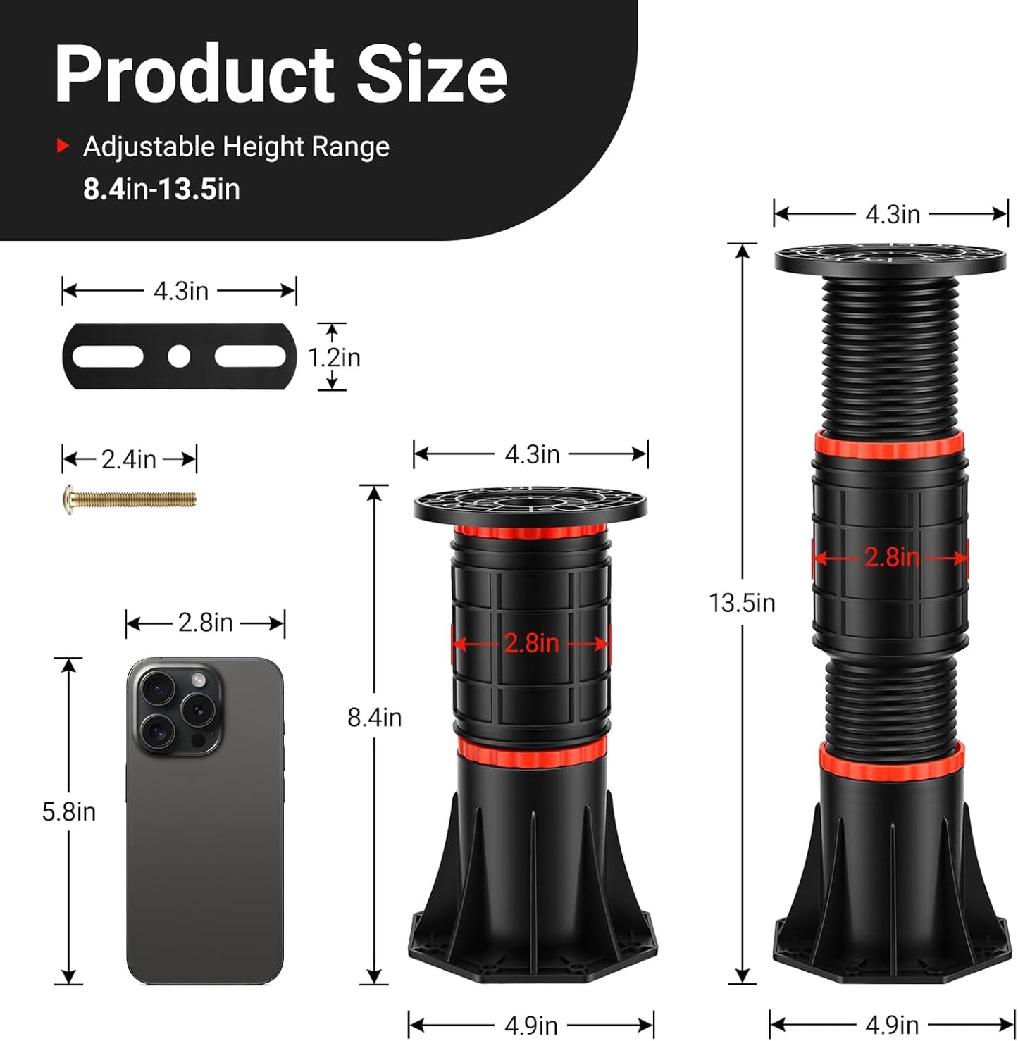 LOSCHEN 4 PCS Adjustable Bed Support Legs with Metal Fixing Accessories, 8.4-13.5 Inch，Heavy Duty Bed Frame Support Feet,Bed Support Reinforcement Parts Bed Slats Support Leg Bed Replacement Legs