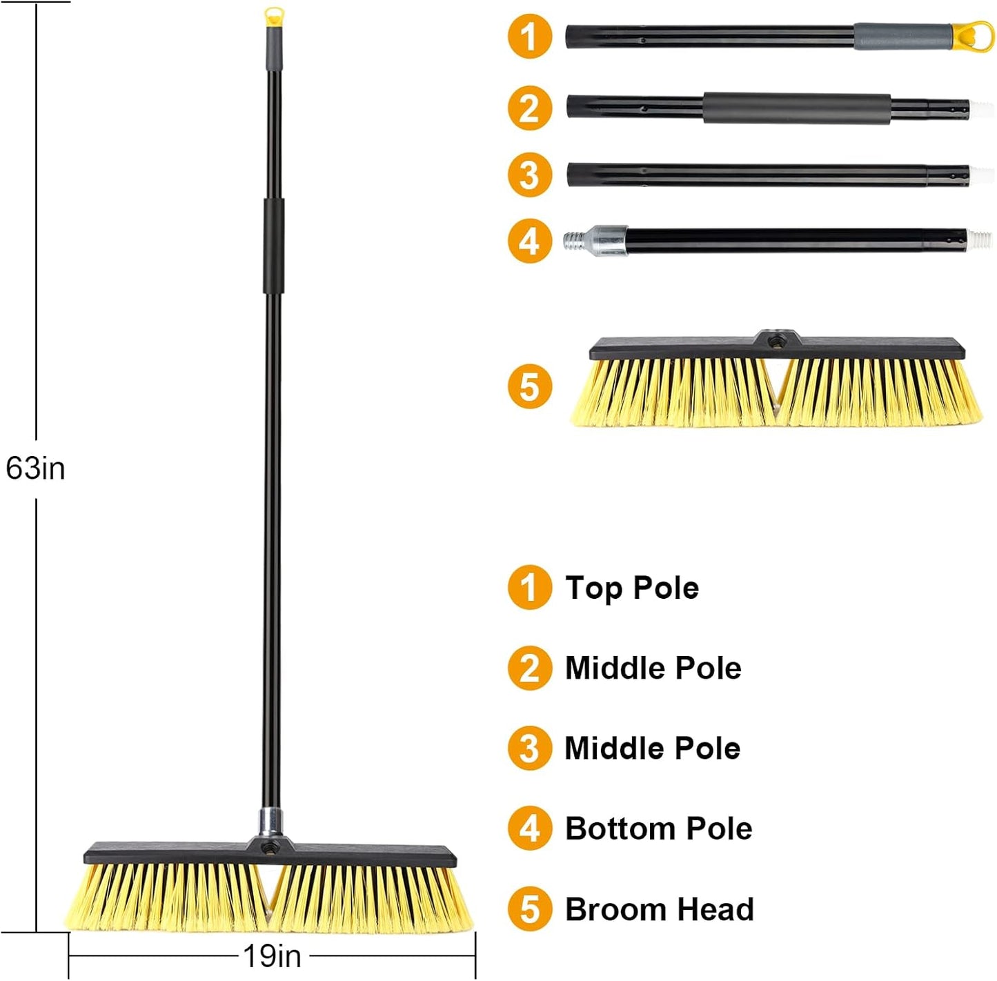KeFanta 18 Inches Push Broom Outdoor- Heavy Duty Broom with 63" Long Handle for Deck Driveway Garage Yard Patio Warehouse Concrete Floor Cleaning