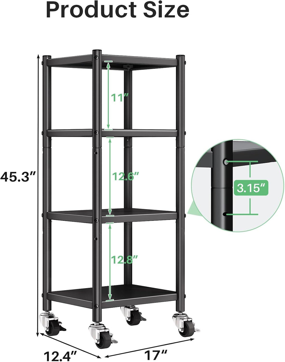 PXRACK Storage Shelves with Rolling Wheels, Adjustable 4 Tier Metal Shelving ...