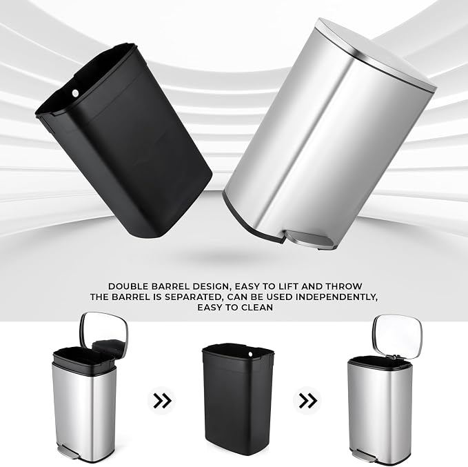 13.2 Gal Kitchen Trash Can, 50L Recycling or Garbage Bin, Brushed Stainless - Image 4