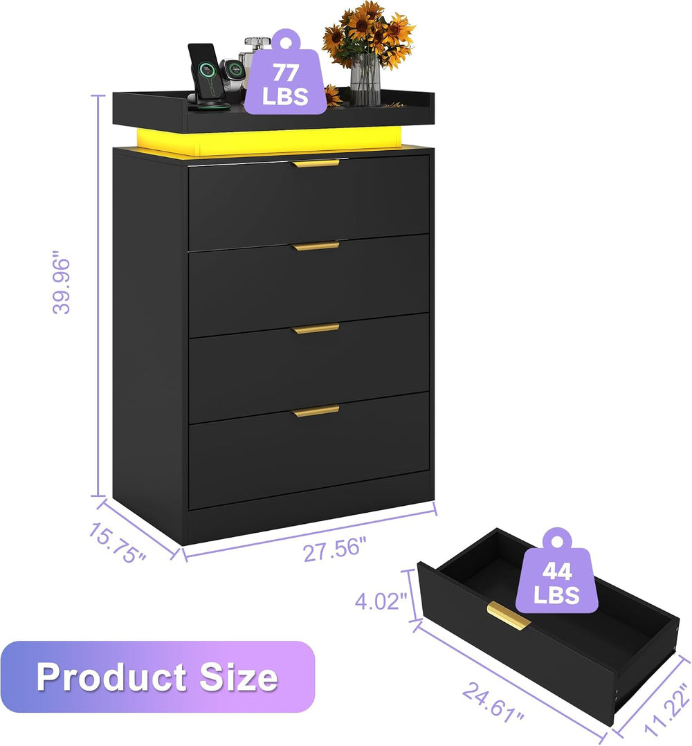 UNIQUITE Black Dresser with LED Lights and Power Outlet, Wooden 4 Drawer Dres...