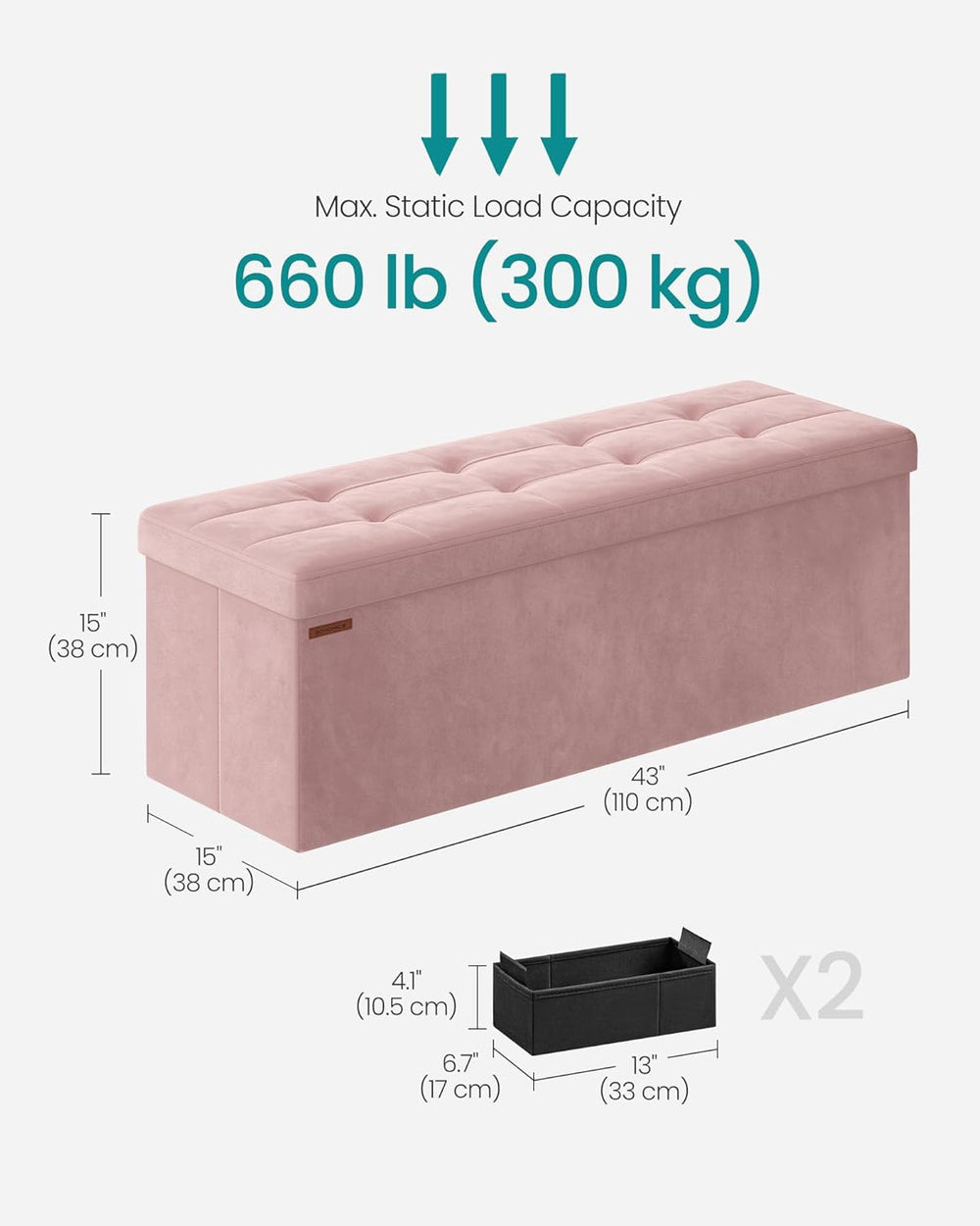 SONGMICS Storage Ottoman Bench, 43.3 Inches Velvet Foldable Foot Rest