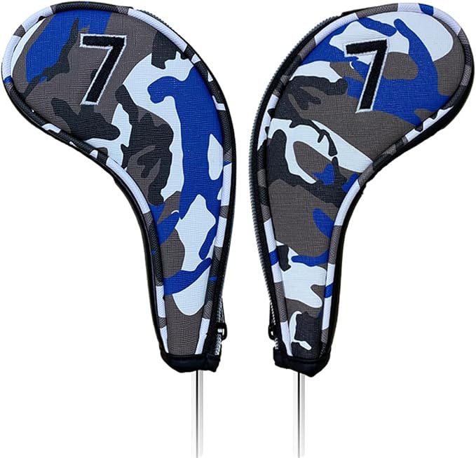 9pcs PU Leather Camouflage Blue Zipper Long Neck Design Golf Iron Headcovers - Image 3