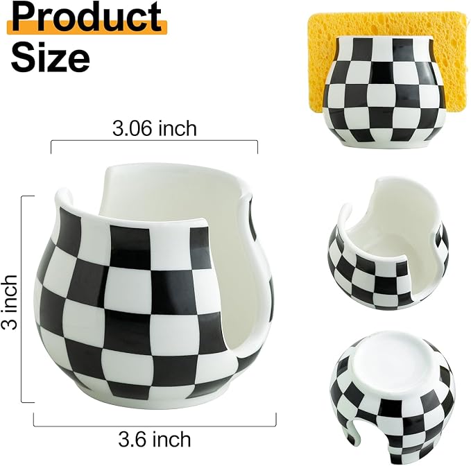 Checkered Sponge Holder for Kitchen Sink, Ceramic Dish Sponge Dish Rack Scrubby - Image 2