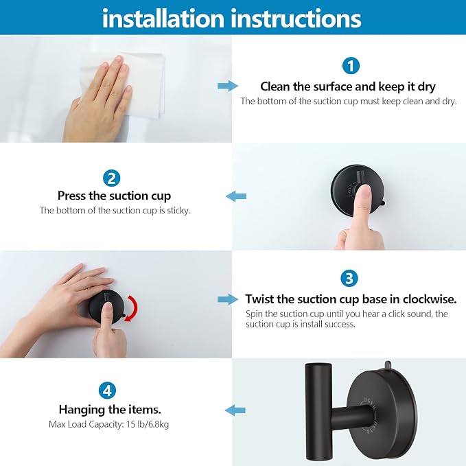 DGYB Large Suction Cup Hooks Black Stainless Steel Suction Shower Hooks - Image 6