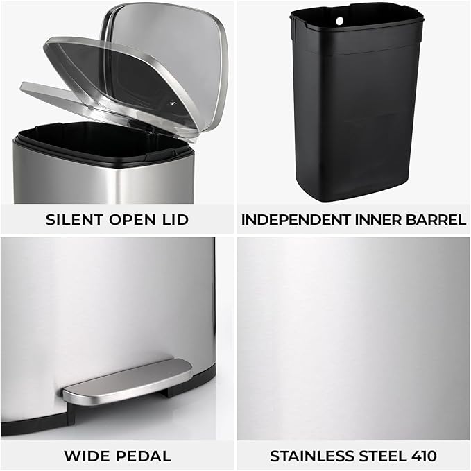 13.2 Gal Kitchen Trash Can, 50L Recycling or Garbage Bin, Brushed Stainless - Image 5