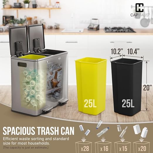 CAPHAUS Black Dual Trash Can w/Double Lid, Trash & Recycle Bins Combo, - Image 3