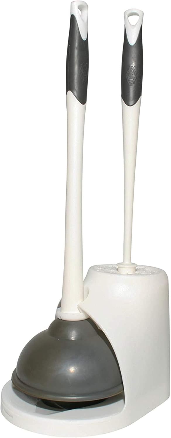 Clorox Toilet Plunger and Brush Bowl Set with Holder Caddy Storage for Cleaning Bathroom and Unclogging Toilets, White and Gray