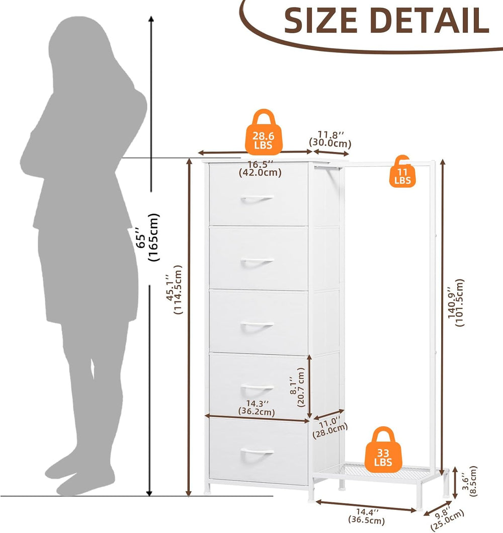 Somdot Dresser with Hanging Rack, 5 Drawers Small Closet for Bedroom