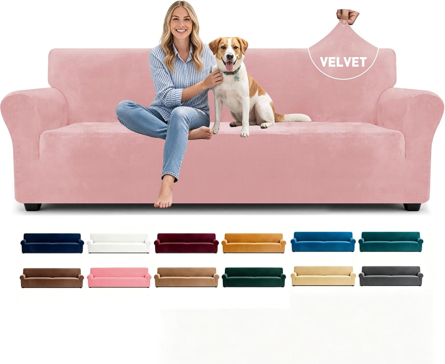 YEMYHOM Real Velvet Extra Large Couch Cover for 3 Cushion Couch 1 Piece Stretch Oversized Sofa Slipcovers Soft 4 Seater Furniture Protector Elastic Bottom for Kids,Pet (91"-110", Dusty Pink)