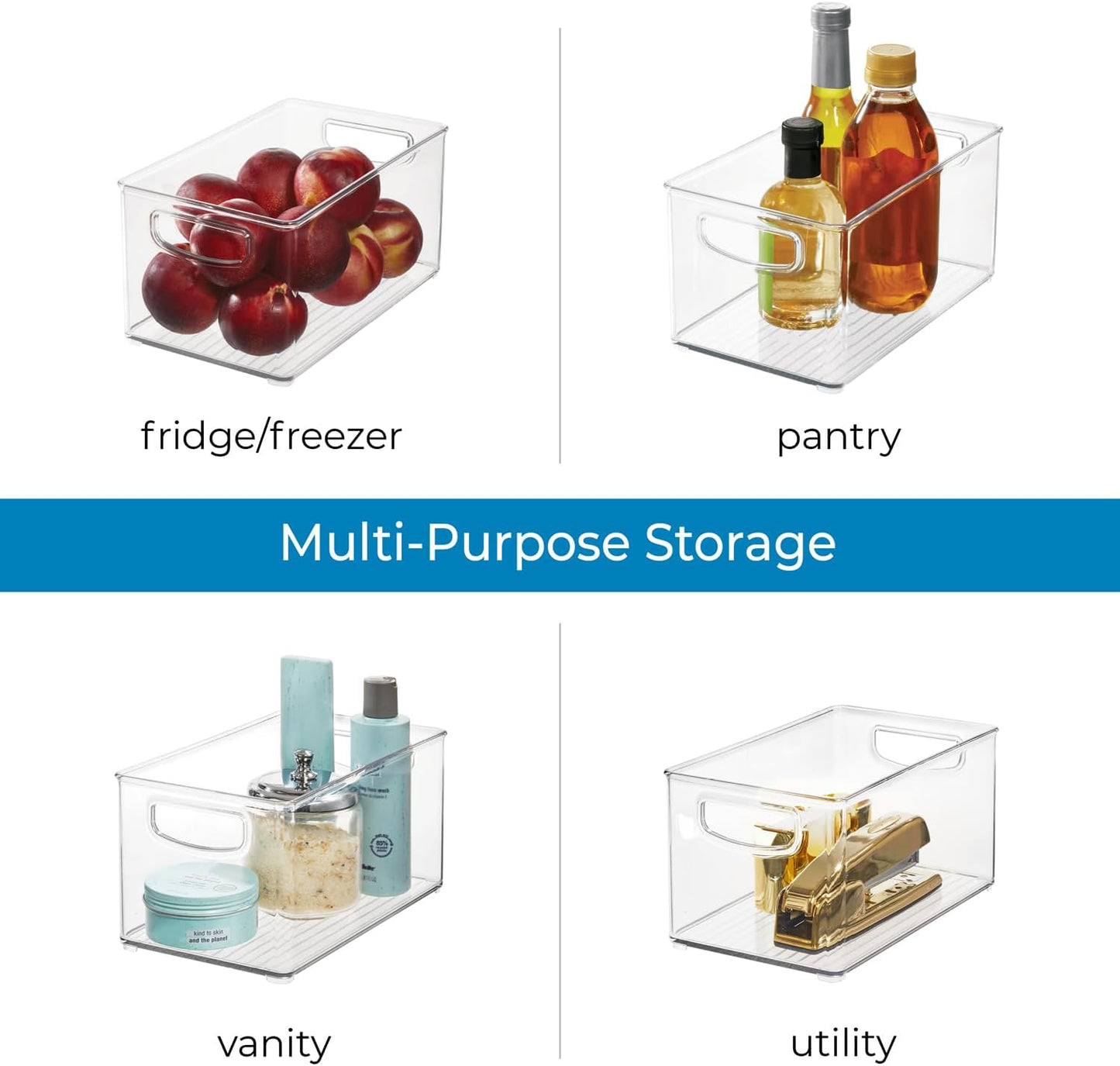 InterDesign iDesign Plastic Fridge and Freezer Organizer Bin with Integrated Handles – 10” x 5” x 6”, Clear (Pack of 4)