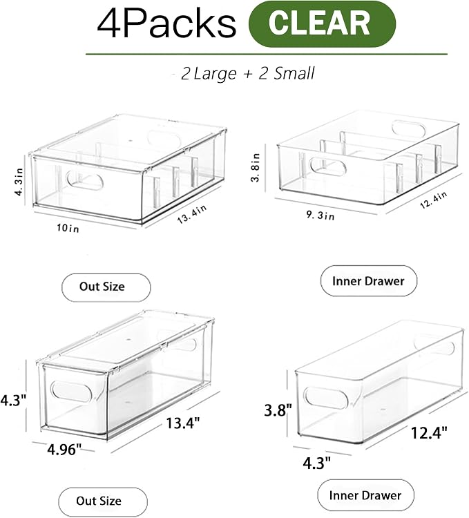 4 Pack Clear Storage Drawer Set, Stackable Fridge Drawer Organizer Fruit - Image 2