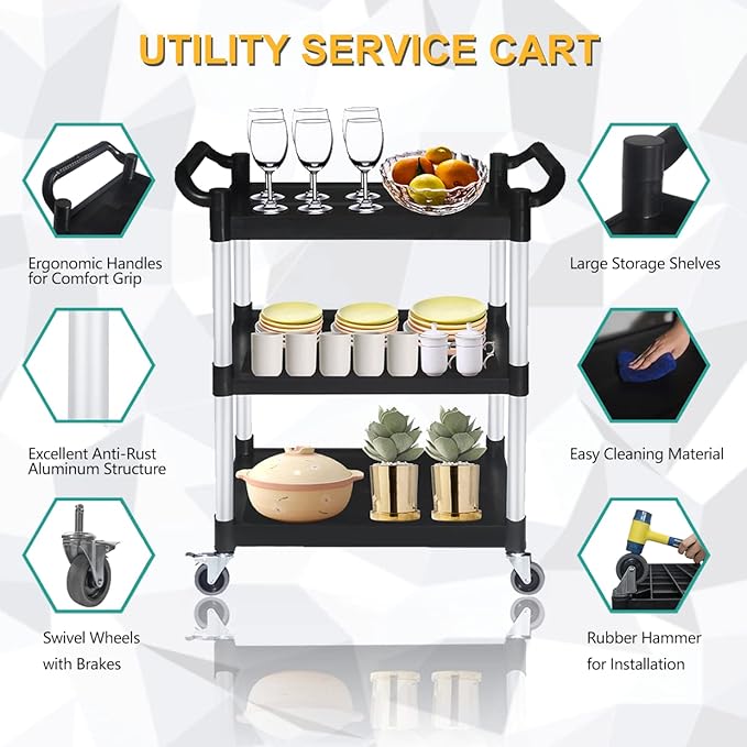 Plastic Utility Carts with Wheels, Heavy Duty 510lbs Capacity Rolling Service - Image 5