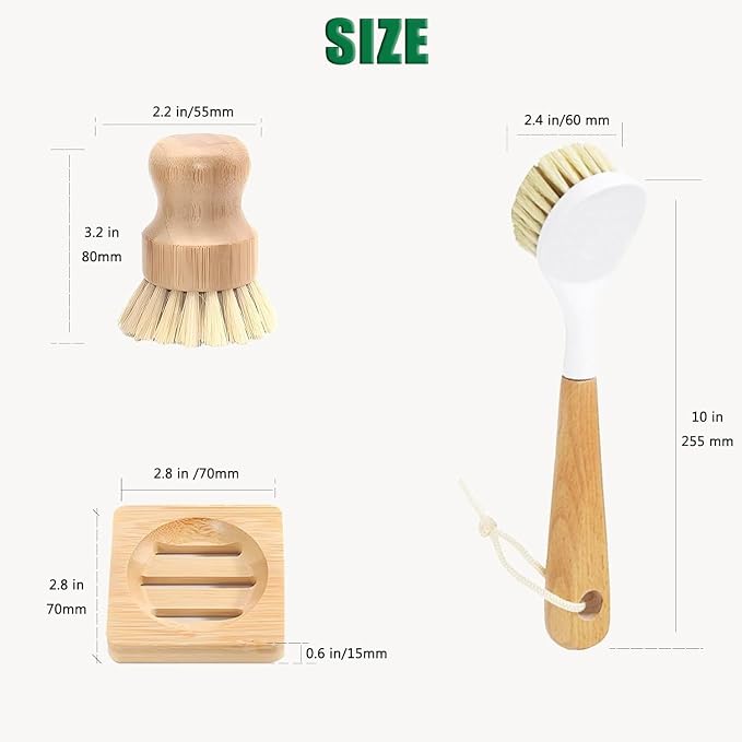 Bamboo Palm Dish Brush Set, Natural Bristle Dish Brush - Image 9