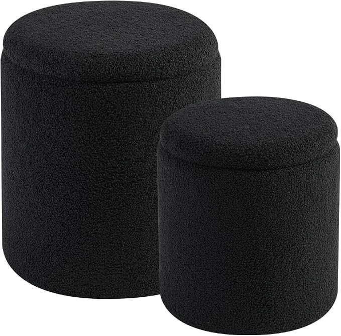 Round Ottoman with Storage Set of 2-Upholstered Sherpa Vanity Stool by HomePage