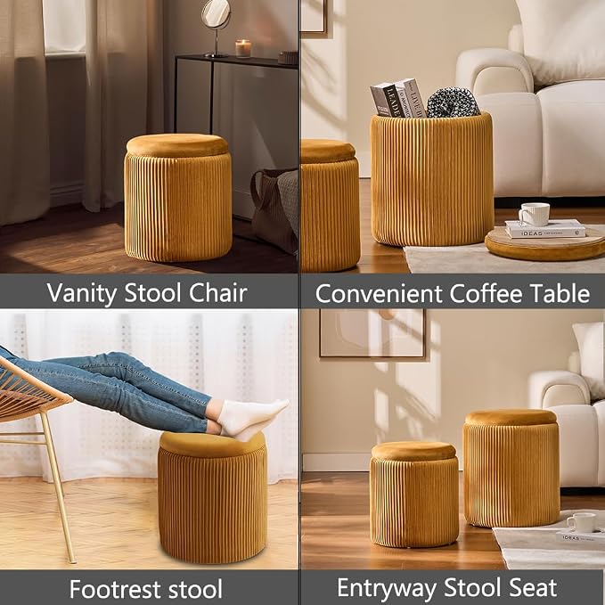 Round Set of 2 Ottoman with Storage-Upholstered Velvet Vanity Stool - Image 4
