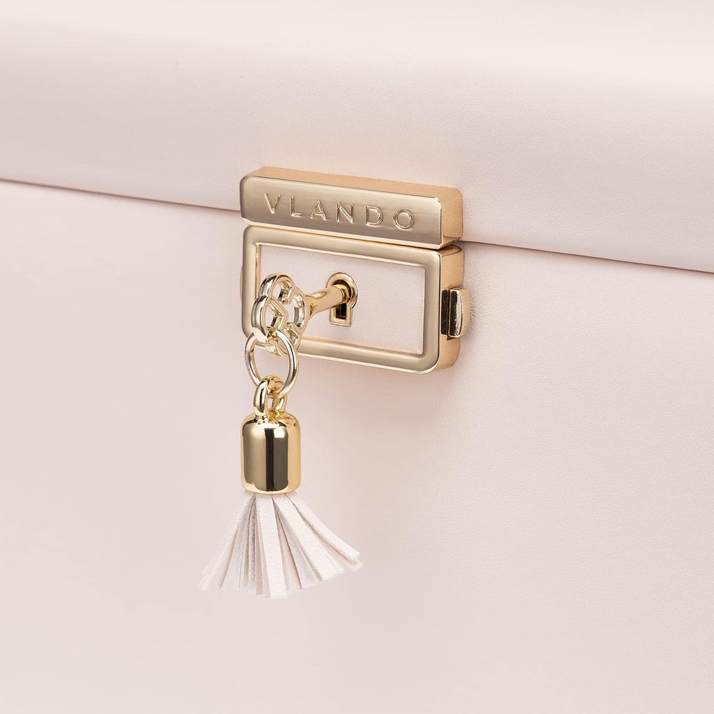 VLANDO Lockable Mirrored Jewelry Box Organizer, Beige