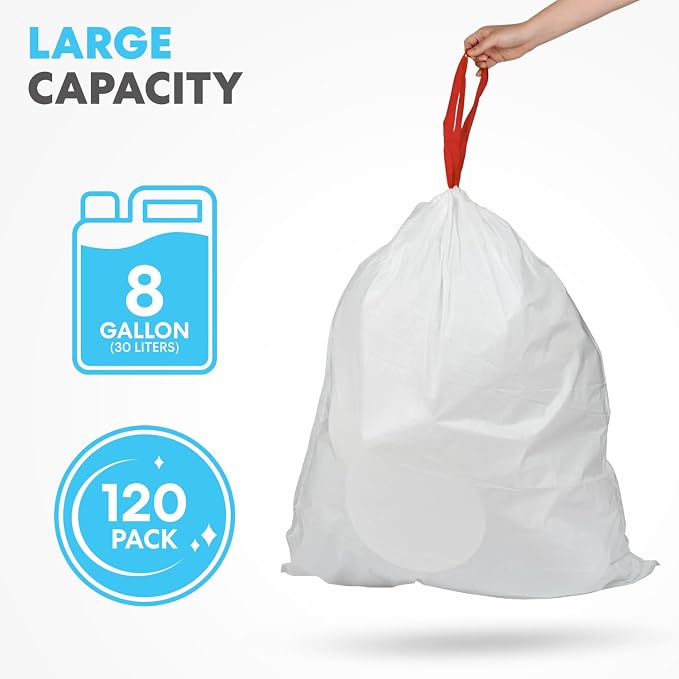 SIMPLI-MAGIC 8 Gallon Drawstring Trash Bags, 120 Pack – Tall Kitchen Garbage - Image 2