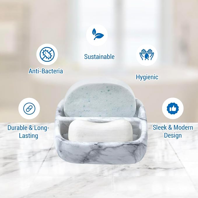 MyGift 5.4 Inch Deluxe Modern White Marble Pattern Resin Double Sponge Holder - Image 6