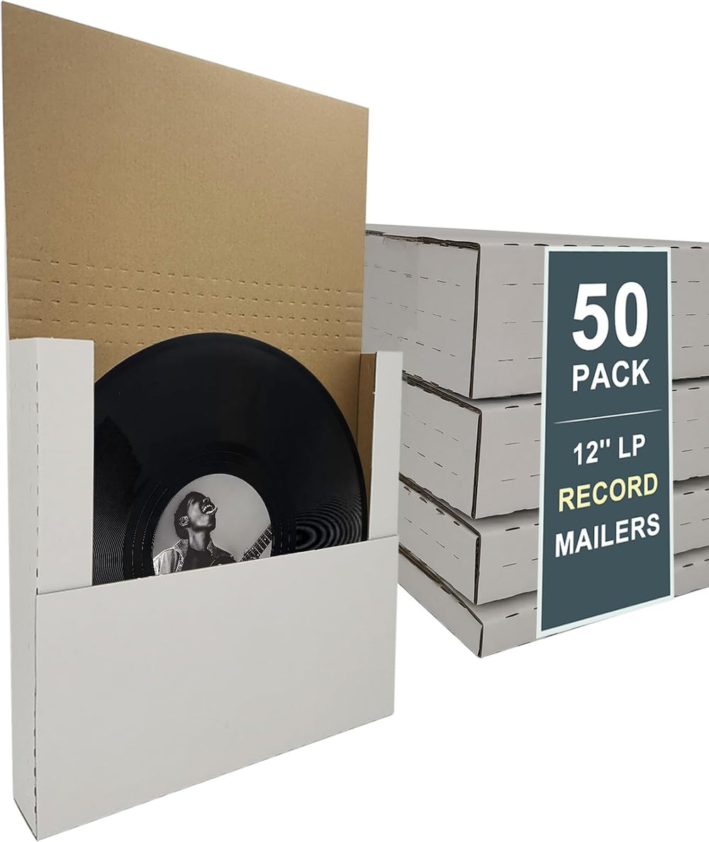 50 Pack 12.5×12.5×2" Vinyl Record Mailers, Height-Adjustable for LPs