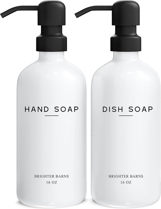 White Glass Hand and Dish Soap Dispenser Set by Brighter Barns by BrighterBarns