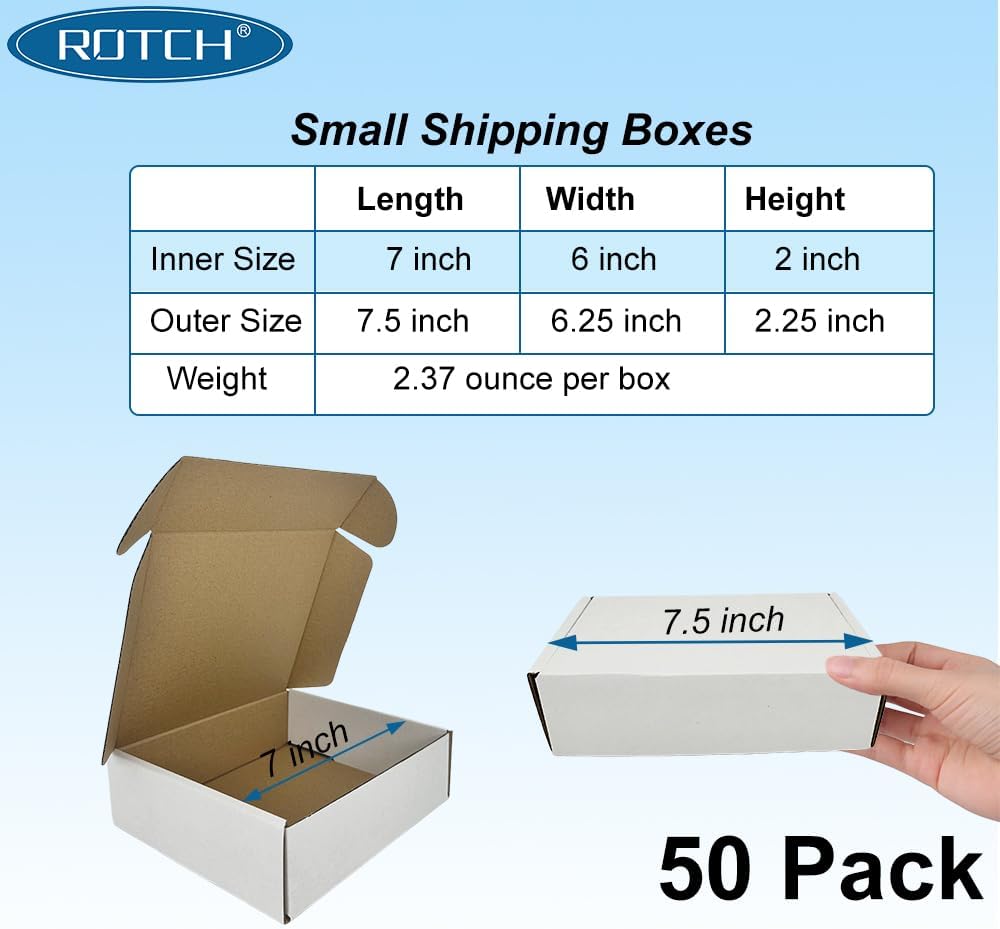 ROTCH 50 Pack 7x6x2'' Small Shipping Boxes, Cardboard Corrugated Mail...