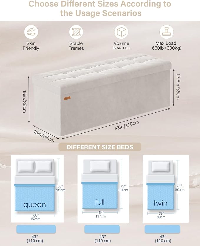 Folding Storage Ottoman, Velvet Storage Bench, Removable Divider, - Image 3