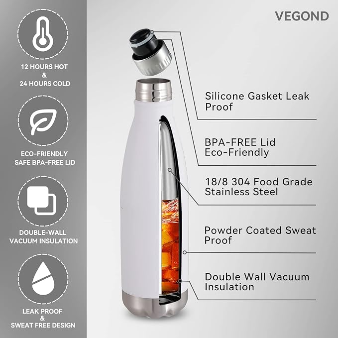 VEGOND 17oz Stainless Steel Water Bottles, Reusable Metal Sports Water Bottle - Image 2