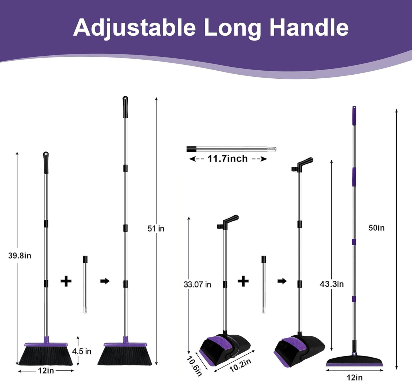 Broom and Dustpan Combo Set, 51" Long Handle Broom with Squeegee | Wet & Dry Cleaning for Pet Areas, Built-in Comb Dustpan, Foldable Space-Saving Storage, Multi-Surface Floor Cleaning