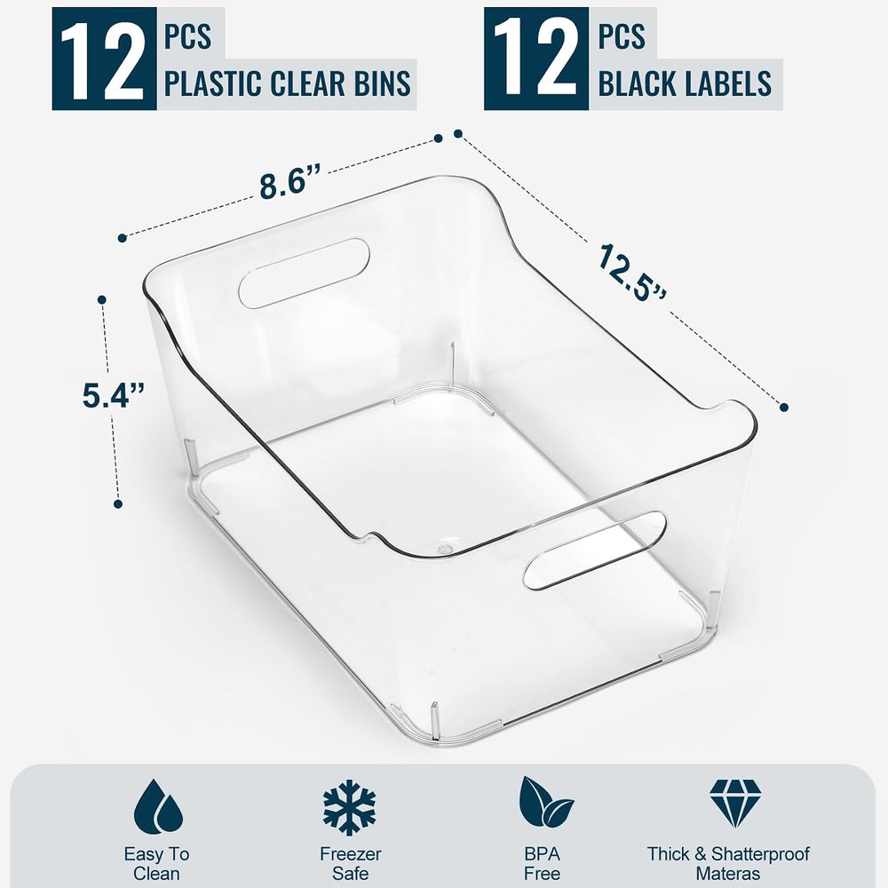 12 PACK Multi-Use Clear Plastic Storage Bins for Organizing w/ Labels - Home,...