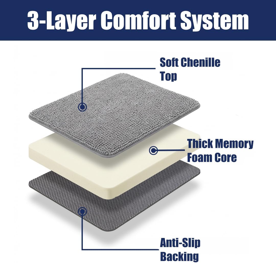 Muddy Mat® CloudStep Bathroom Rugs, Non Slip Bath Mats for Bathroom, Super Absorbent Memory Foam Chenille, Quick Dry Machine Washable Thick Toilet Rug for Shower Tub and Floor, Grey 18" x 28"