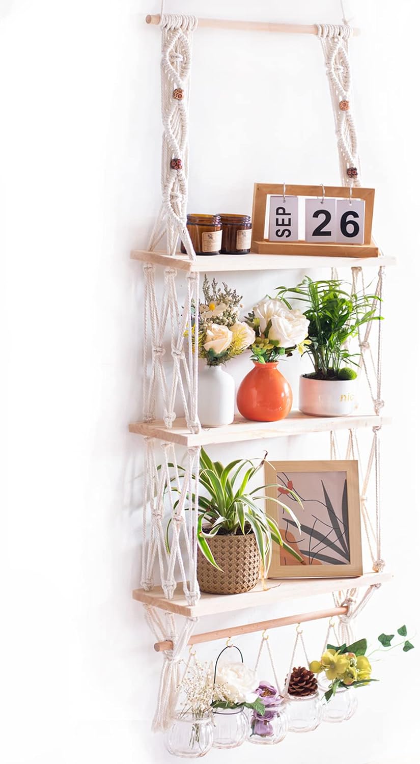 TENEWEE Boho Macrame Hanging Wall Shelf for Plant & Books Display 3-Tier