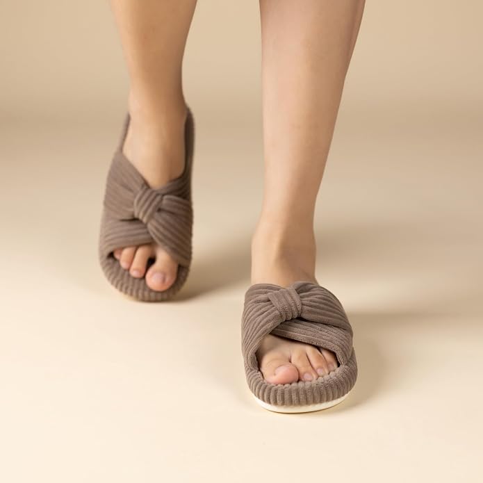 Chantomoo Slippers for Women Memory Foam House Bedroom Corduroy Bow Crossbands - Image 7