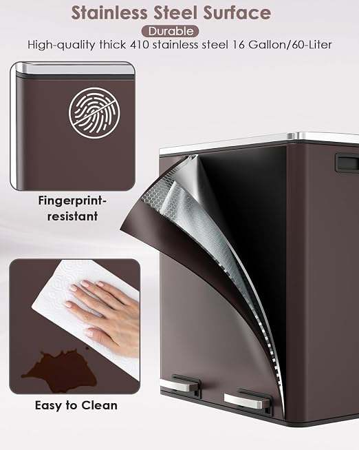 AthLike 60L Dual Trash Can, Stainless Steel Kitchen Garbage Can, Double - Image 4