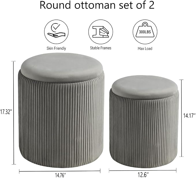Round Ottoman with Storage Set of 2-Upholstered Velvet Vanity Stool - Image 2