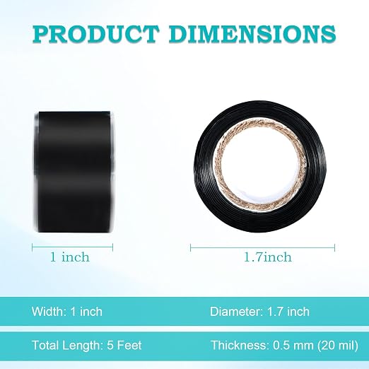 Self Fusing Silicone Tape 2 Rolls 1 in x 5' Black Waterproof Rubber Leak Proof - Image 2