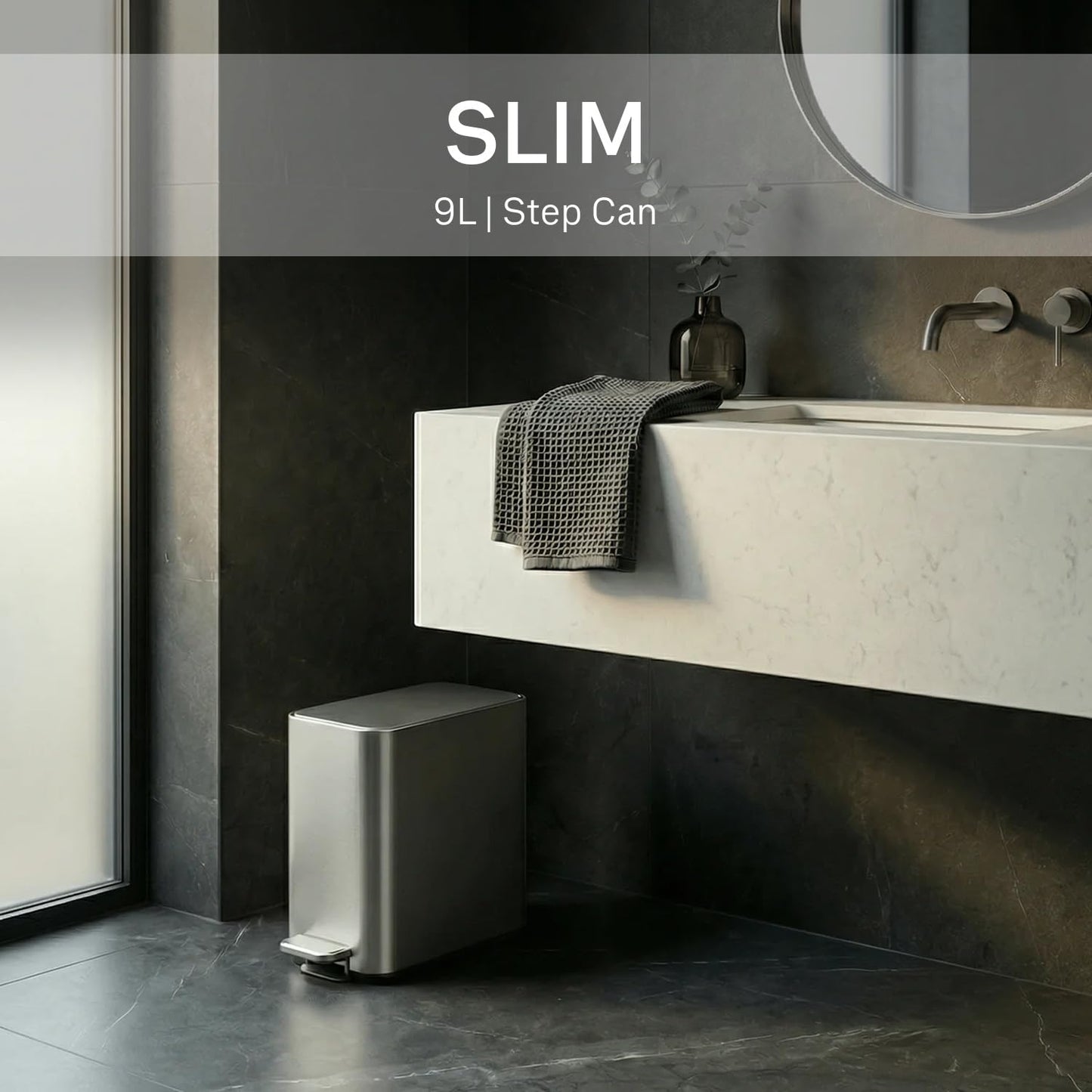 simplehuman Slim Step Can, 9L / 2.4 Gallon Primary Bathroom Trash Can, Liner Pocket®, Sleek Internal Hinge, 150,000-Step All-Steel Pedal, Lid Shox® Silent Close, Brushed Stainless Steel