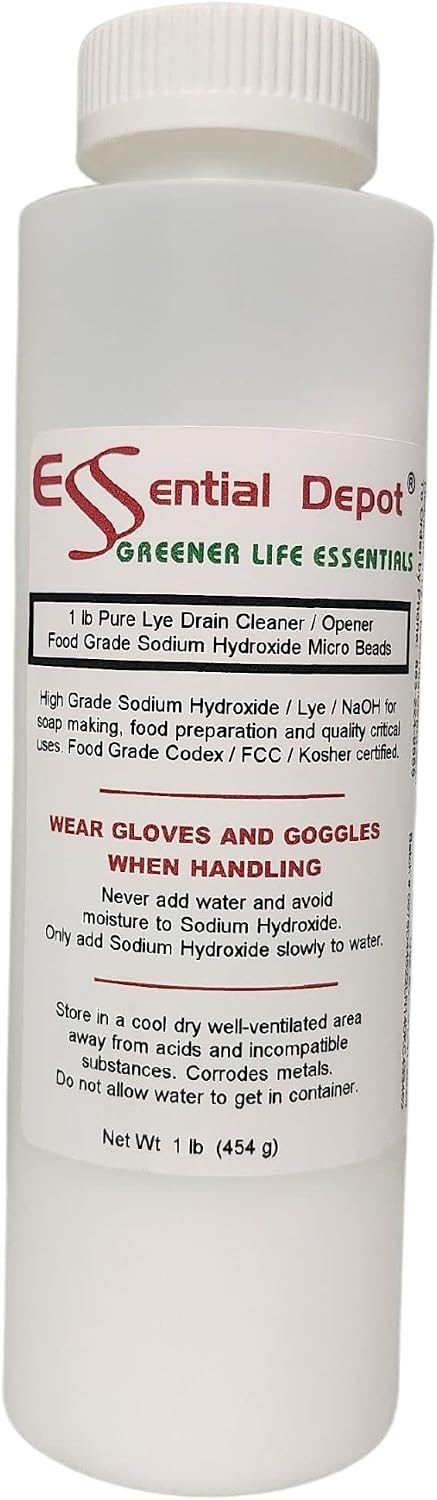 Essential Depot 1 lb Food Grade Sodium Hydroxide Lye Evenly-Sized Micro Pels (Beads or Particles) - 1 lb Bottle - Lye Drain Cleaner - HDPE Container with Resealable Child Resistant Cap and Handle