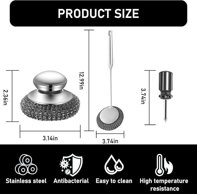Stainless Steel Wool Metal Wire Scrubber Sponge Scouring Pads Brush Set - Image 3