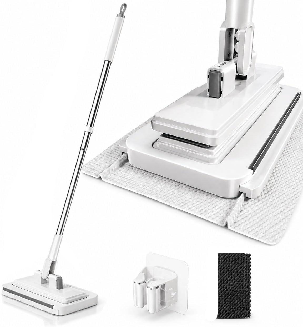 Hands-Free Multi-Purpose Flat Mop, Shark Tooth Triple Grip Built-in Rubber Squeegee for Window One Button Automatic Release Flat Mop Washable Reusable Microfiber Cloth,10×49 in
