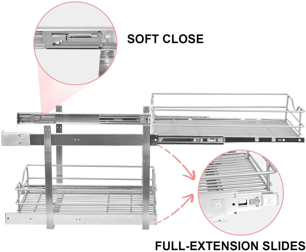 2 Tier Pull Out Cabinet Organizer,(14½"W x 22" D) Soft Close Slide ...