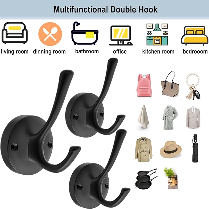 Black Towel Hooks for Wall, 5 Pack Coat Robe Hook Heavy Duty Metal Double Bath - Image 5