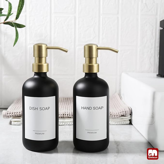 GMISUN Gold Soap Dispenser, 2 Pack Matte Black Glass Bathroom Hand Soap - Image 4