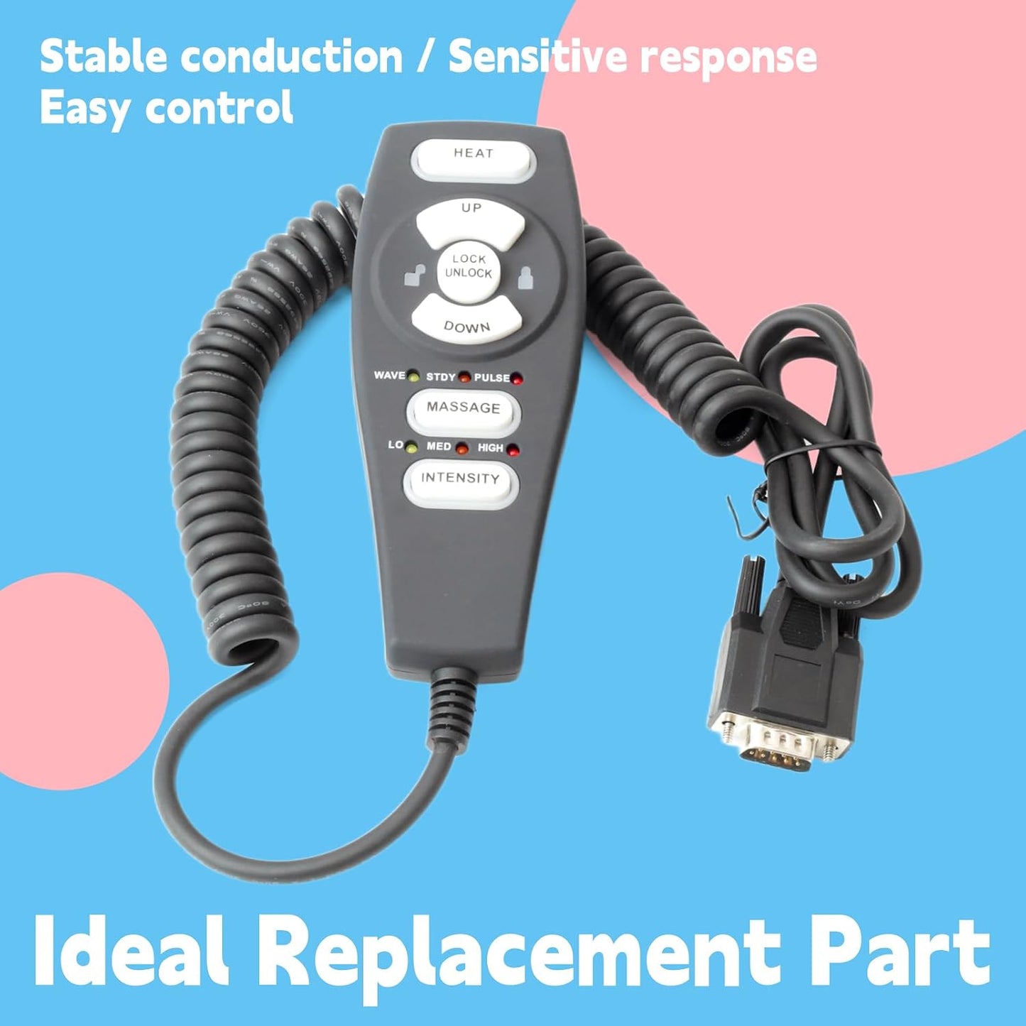 HC-2802 Lift Chair Hand Control Compatible with Raffel Systems, Replace HC-2802-HM3 HC-2802-FR3 HC-2802HL-PR3 HC-2802-GT3 7051-3 9-Pin 6 Button Black Heat Massage Recliner Parts