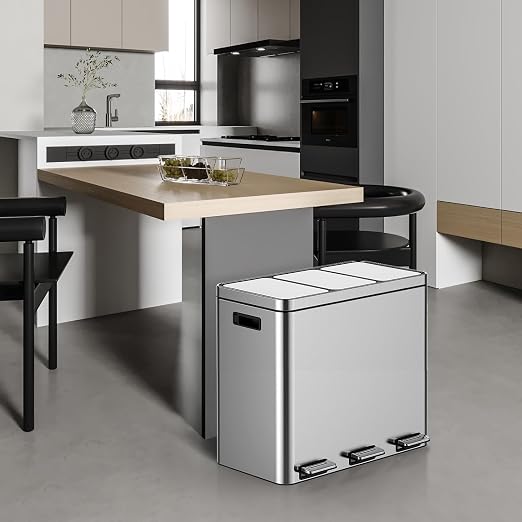 3 x 5.3 Gal Trash Can, Stainless Steel Triple Compartment Step-On Recycling Bin - Image 7