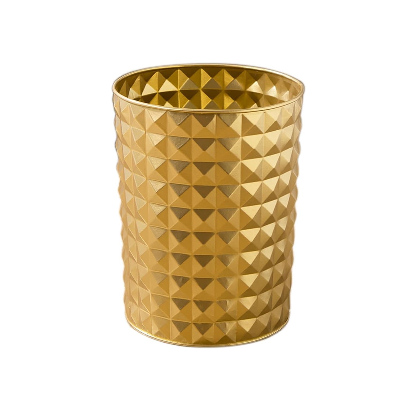 Venalys Small Round Metal Trash Can Wastebasket, Decorative Diamond Pattern Garbage Can Waste Paper Bin, Modern Farmhouse Round Trash Bin for Bathroom, Bedroom, Kitchen and Office (Gold)