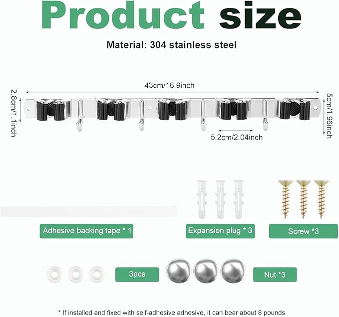 5Pcs 5 Racks 4 Hooks Stainless Steel Broom Mop Holder Anti Slip Wall Mount - Image 7